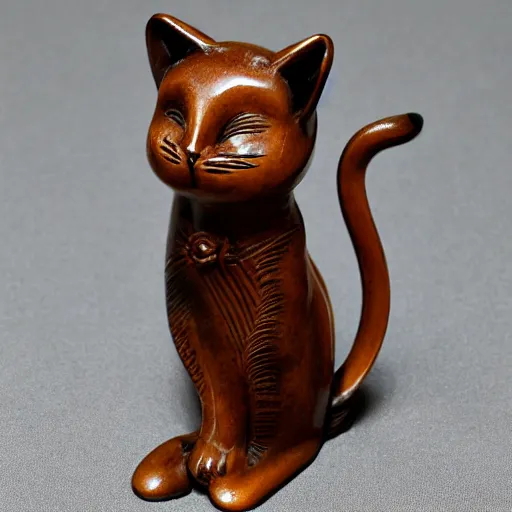 Image similar to elegant seductive anthropomorphic cat figurine wearing a kimono, hand carved brown resin, toggles, very highly detailed, intricate, monotone, shy looking down
