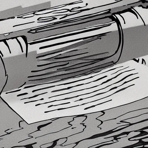 Prompt: high quality art of a printer printing out a long sheet of paper covered with writing, floating in space, trending on artstation