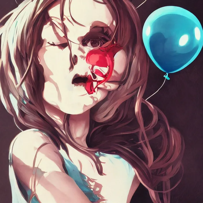 Image similar to anime skull portrait woman, balloons, mucha, hard shadows and strong rim light, art by jc leyendecker and atey ghailan and sachin teng