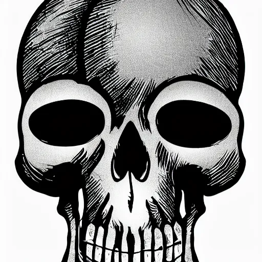 Prompt: skull with three eye sockets black and white illustration
