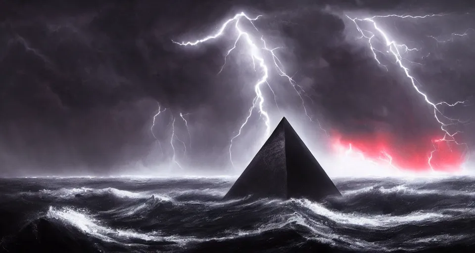 Image similar to black lovecraftian eldritch!! obsidian pyramid!! on a snowy island surrounded by raging stormy seas, with a large shadow of a creature in the background by eugene von guerard, ivan shishkin, night, red lightning!!, storm!, dramatic lighting, concept art, trending on artstation, 8 k