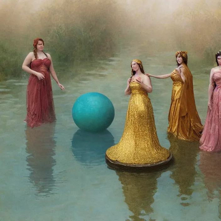 Prompt: a closeup portrait of three women wrapped in gold, the three fates, standing next to a levitating turquoise orb, in a misty pond, color photograph, by vincent desiderio, canon eos c 3 0 0, ƒ 1. 8, 3 5 mm, 8 k, medium - format print