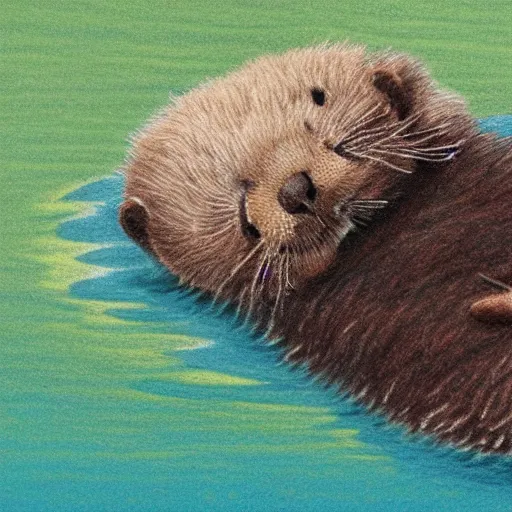 Prompt: fluffy baby sea otter lying on it's back playing with a butterfly while floating on gentle ocean waves, detailed color pencil drawing 4 k