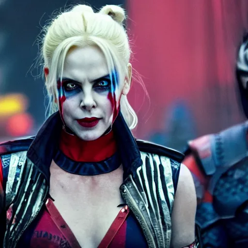 Image similar to charlize theron as harley quinn in suicide squad, 8k, RED camera