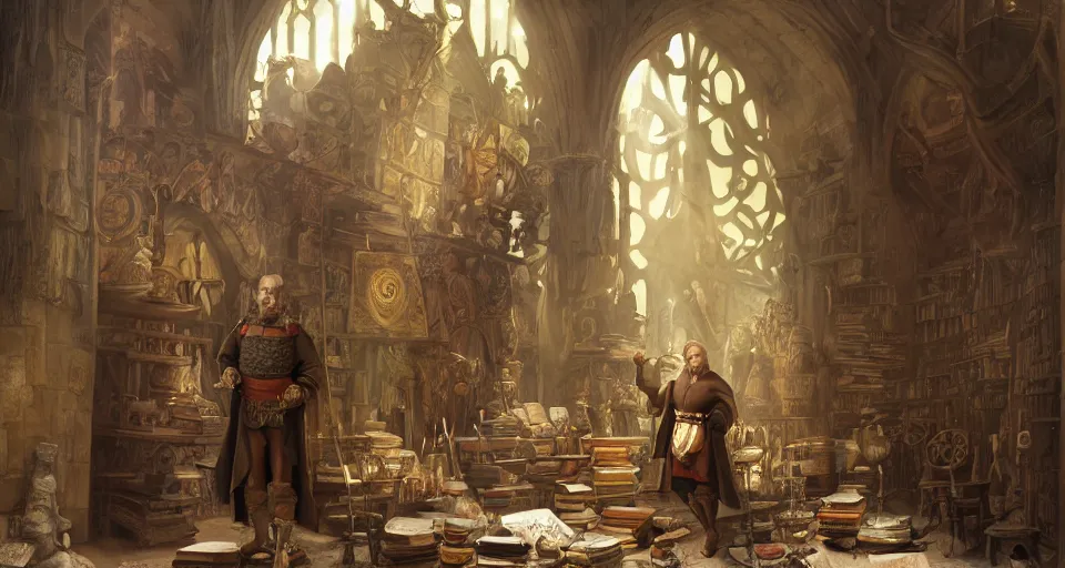 Image similar to dennis hopper as a medieval nobleman, standing on the side of a big medieval shop with boards full of pottery, books, flasks, glas, trinkets, and other stuff, huge shelves with stuff, dust suspended in a sunbeam from a tall medieval window, trending on artstation, artwork in style of peter mohrbacher, unreal engine, octane render, intricate details, 8k high definition, beauriful, ornate, hyperrealistic