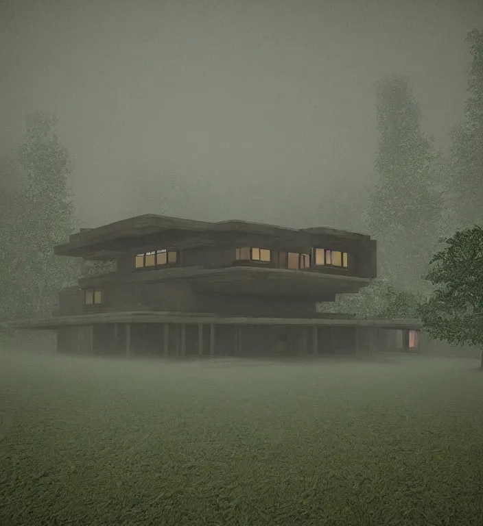 Prompt: a house by frank lloyd wright, silent hill 1, resident evil 1, syphon filter, first playstation graphics, pixelated, fog, green grass, grey sky, raining, pixel rain, stunning, low resolution, 9 0 s games,