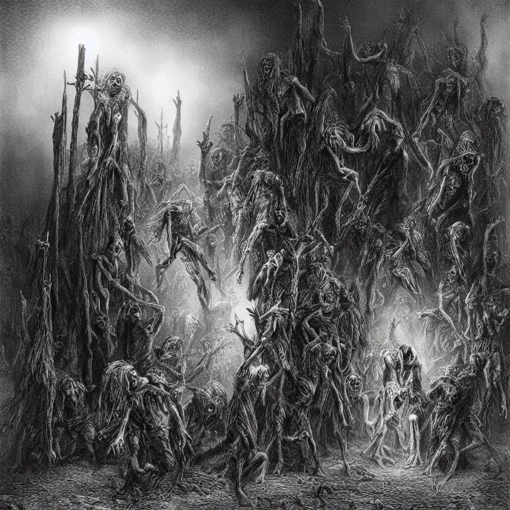 Image similar to night of the living dead, creepy atmosphere, dark, realistic, illustration by gustave dore