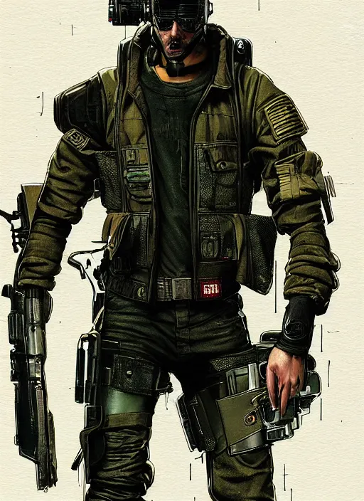 Image similar to menacing cyberpunk mercenary in military vest and jumpsuit. dystopian. portrait by stonehouse and mœbius and will eisner and gil elvgren and pixar. realistic proportions. cyberpunk 2 0 7 7, apex, blade runner 2 0 4 9 concept art. cel shading. attractive face. thick lines.