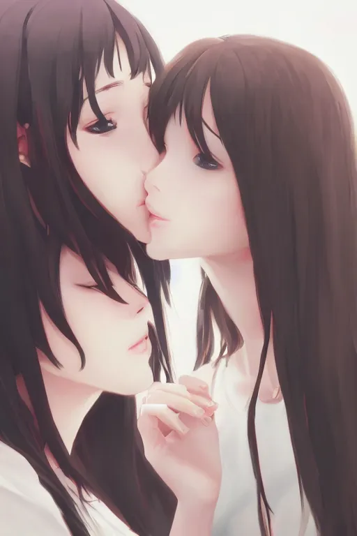 prompthunt: portrait of two girls kissing, anime, drawn by WLOP, trending  on Artstation