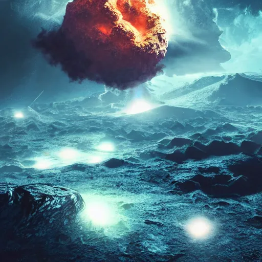 Prompt: huge outer space asteroid crashing into earth and exploding, post apocalyptic, dark fantasy, liminal space, dark paradise, digital art, 4 k