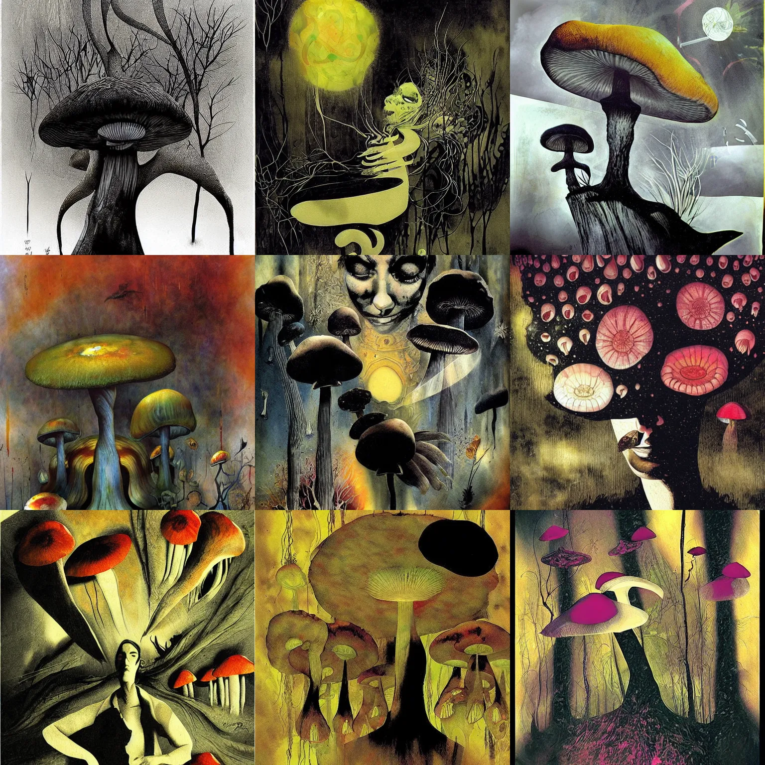 Prompt: psychedelic mushrooms dream, no fears, okay one fear, by dave mckean