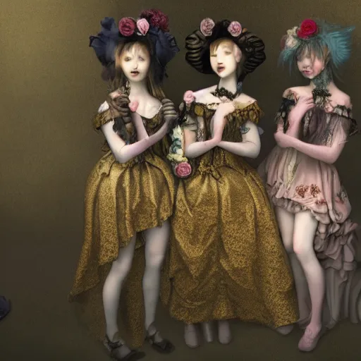 Image similar to 8k, octane render, realism, tonalism, renaissance, rococo, baroque, group of realistic creepy young ladies wearing long harajuku manga dress with flowers and skulls, background chaotic gold leaf flowers