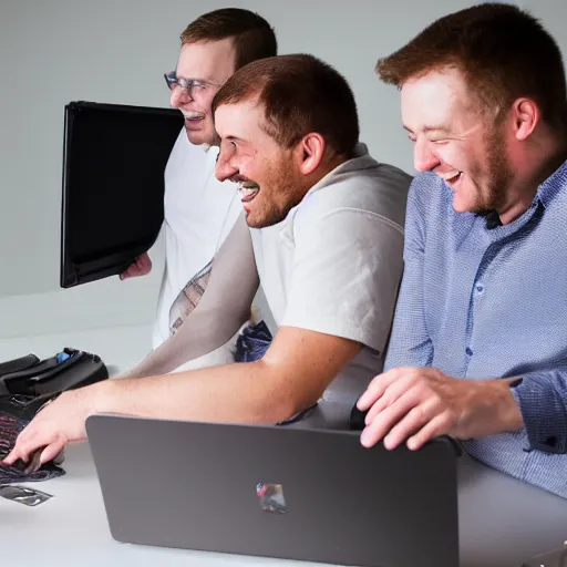 Image similar to several guys looking at a laptop screen laughing, colour photograph, studio light 35mm