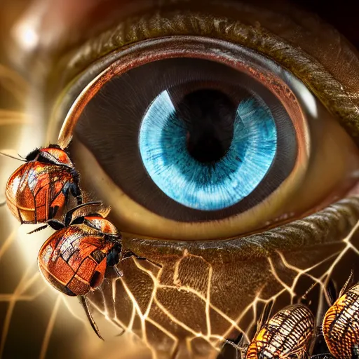 Image similar to Close up photo of a human eye with insects in it, hyper realistic, detailed, intricate, Unreal Engine, octane render, weta digital, caustic, clear, 8k, real, HDR