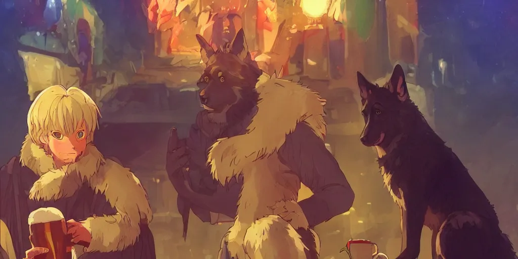 Image similar to a two german shepherds beast - men, holding a mug of beer, a lot of pockets, fur cape, tavern background, magical, bright, colorful, fantastic lighting, amazing details, 4 k uhd, illustration by hayao miyazaki and makoto shinkai and ilya kuvshinov, artstation, pixiv,