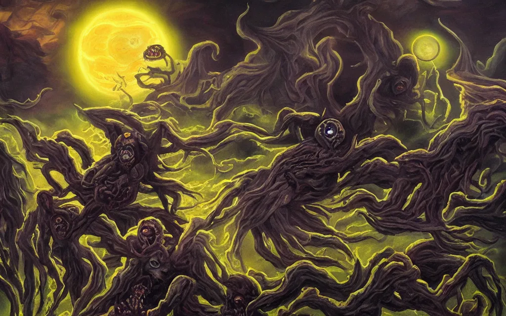 Image similar to black dead sun howling nightmare mythos dread sun of the void above the tomb wastes, award winning oil painting, dream mythos color palette