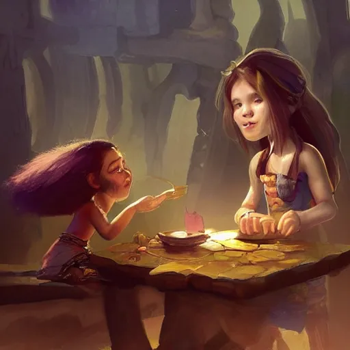 Prompt: an illustration shows a table with a little girl next to a troll holding onto the, concept art by slawomir maniak, trending on artstation, fantasy art, fantasy art