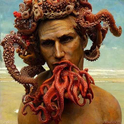 Image similar to a sculpture portrait made of seaweed and coral and shells and octopus, painting part by wojciech siudmak, part by ilya repin, part by max ernst, part by norman rockwell, artstation