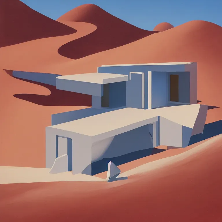 Image similar to Zaha Hadid architecture building in a desert, painted by Edward Hopper, painted by James Gilleard, airbrush