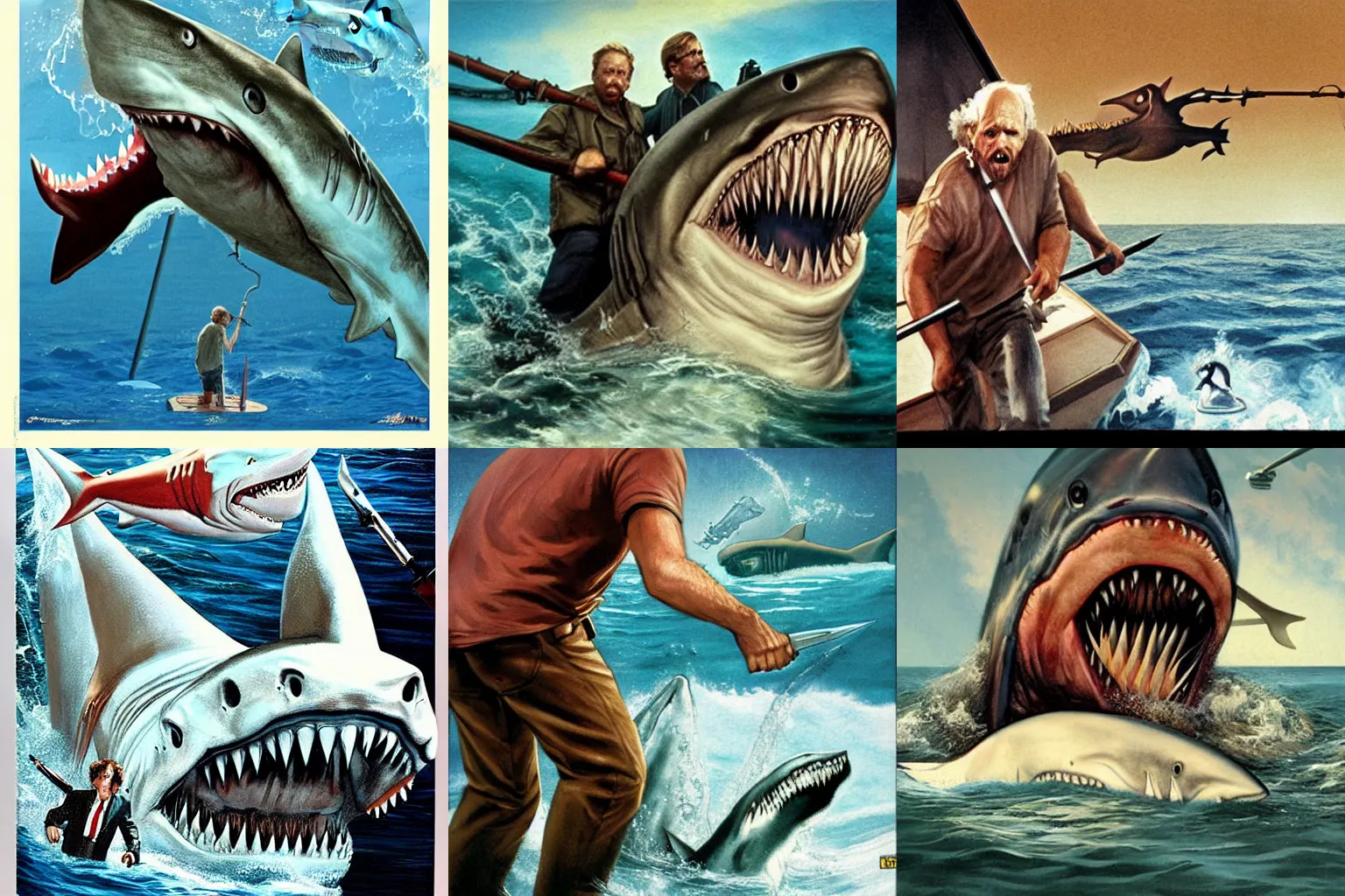 Prompt: Jaws artwork by Drew Struzan of Richard Dreyfuss with shark spear, full of details, trending on artstation