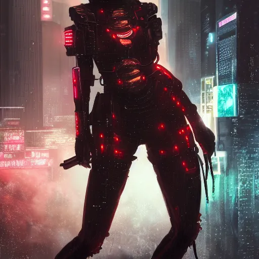 Image similar to An realistic epic fantastic comic book style portrait painting of a female cyber samurai by WLOP, black and reddish color armor, cyberpunk feel raining at tokyo rooftop, Concept world Art, unreal 5, DAZ, hyperrealistic, octane render, cosplay, RPG portrait, dramatic lighting, rim lights