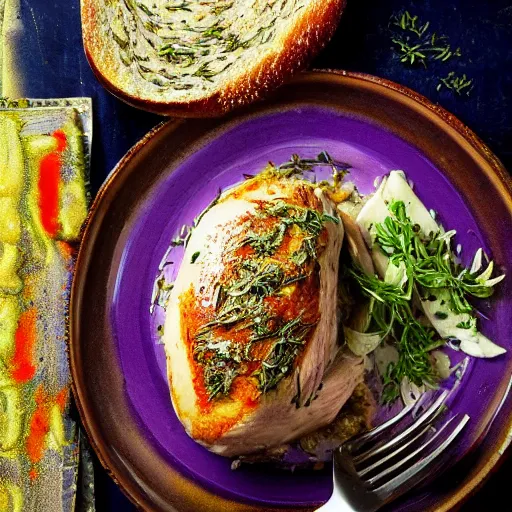 Prompt: a vibrant still life photograph of braised chicken provolone, seasoned with whole salt, fenouil and minced herbs, and a side of pate d'aubergine with a buttermilk glaze, kodak portra, f 1. 8, gastronomica magazine