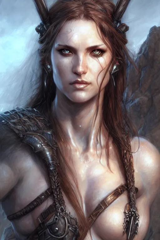 Prompt: half length portrait of a barbarian, female, high fantasy, dnd, face details, extremely detailed, smooth, sharp focus, digital illustration, by luis royo, magali villeneuve, donato giancola, wlop, krenz cushart, artgerm