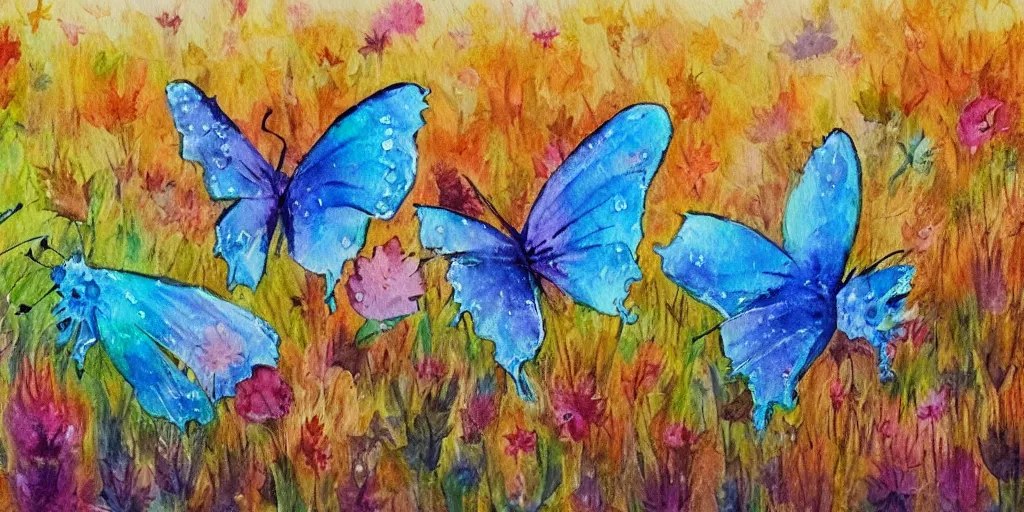 Prompt: water colour painting of fairy alpaca's in an autumn meadow, fantasy, vibrant, butterfly wings, 8 k, high quality