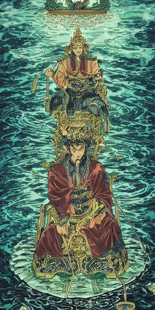 Image similar to a lone emperor sitting on a emerald throne floating on water in the middle of a lake drawn by Makoto Yukimura in the style of Vinland saga anime, full color, detailed, psychedelic, Authority, structure, a father figure, tarot card, The emperor tarot card