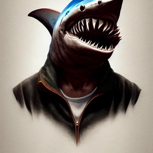 Prompt: portrait of anthropomorphic shark , casual clothes , horror , backlight, ,highly detailed, digital painting, artstation, concept art, matte, sharp focus, illustration, art by Artgerm and Greg Rutkowski