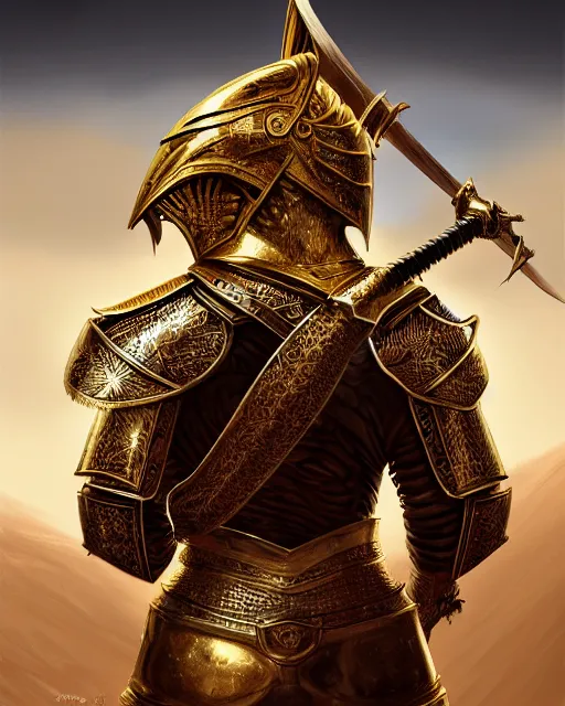 Image similar to hyper realistic side view painting of the king of the desert, angry, wide angle, gold armour, sword, dramatic lighting, intricate, wild, highly detailed, digital painting, artstation, concept art, smooth, sharp focus, illustration