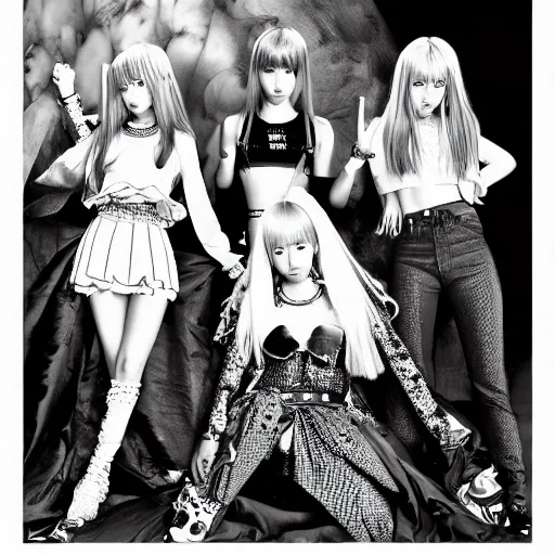 Image similar to blackpink k - pop group, wide angle, by kentaro miura