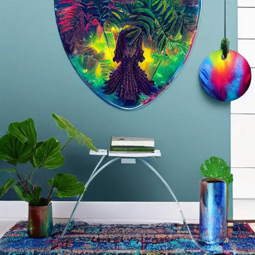 Image similar to Alien planet, lush foliage, cool color combination. Rainbow-colored sky. Flying alien creatures. Wall art stlye. By Daze and Lady Smith.