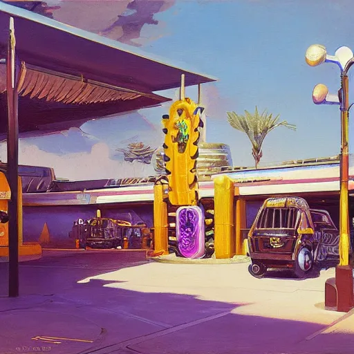 Prompt: painting of syd mead artlilery scifi organic shaped gas station with ornate metal work lands on a sidewalk, floral ornaments, african architecture volumetric lights, purple sun, andreas achenbach