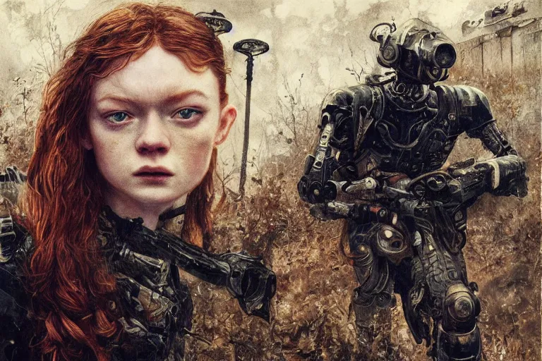 Image similar to sadie sink runs fast. cyborg behind. dirt, fantasy, soviet dystopian art by ayami kojima, vasnetsov, cedric peyravernay