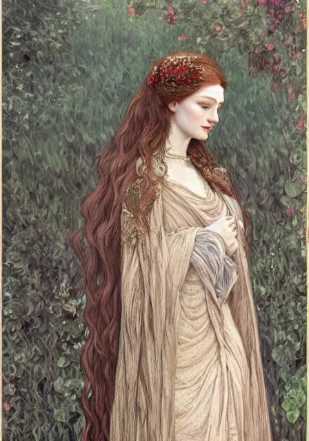 Image similar to sansa, intricate, elegant, highly detailed, digital painting, artstation, concept art, smooth, sharp focus, illustration, pre - raphaelite style, mucha, monet