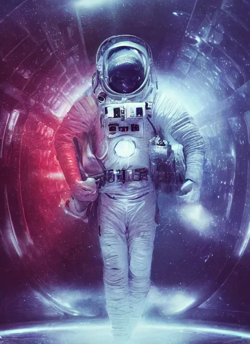 Prompt: concept art by craig mullins astronaut in futuristic dark and empty spaceship underwater. infrared glowing lights. complex and hyperdetailed technical suit. reflection and dispersion materials. rays and dispersion of light. volumetric light. 5 0 mm, f / 3 2. noise film photo. flash photography. unreal engine 4, octane render. interstellar poster