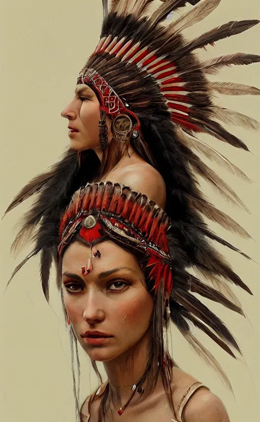 Image similar to gorgeous redskin woman wearing headdress, intricate, elegant, highly detailed, artstation, concept art, smooth, sharp focus, illustration, art by stefan kostic and greg rutkowski