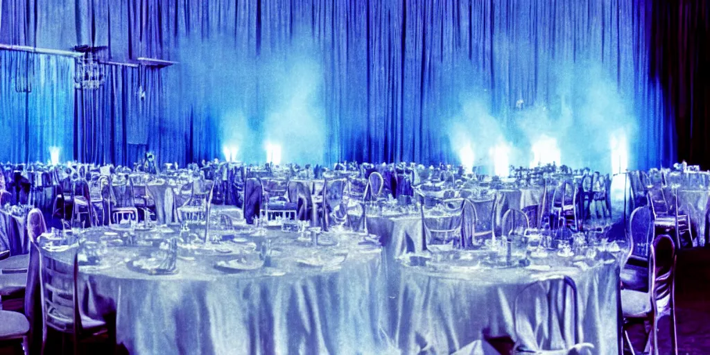 Prompt: a blue glowing phantom hovers inside of a banquet hall ( 1 9 8 4 ).