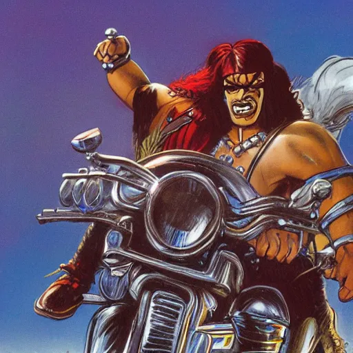 Prompt: colorful portrait of conan the barbarian riding a harley davidson motorcycle, rodel gonzalez, marc davis, milt kahl, jim warren, don bluth, glen keane, jason deamer, rob kaz, character art, concept art