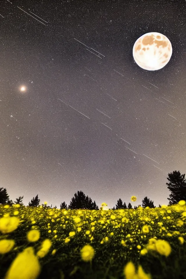 Prompt: low angle, shot from below. two very large moons in night sky. milky way in the night sky. 3 0 second shot. heavy meteor shower. field of big frozen yellow flowers. f 1. 8 lens, lens flare, bokeh. high detail. photorealistic