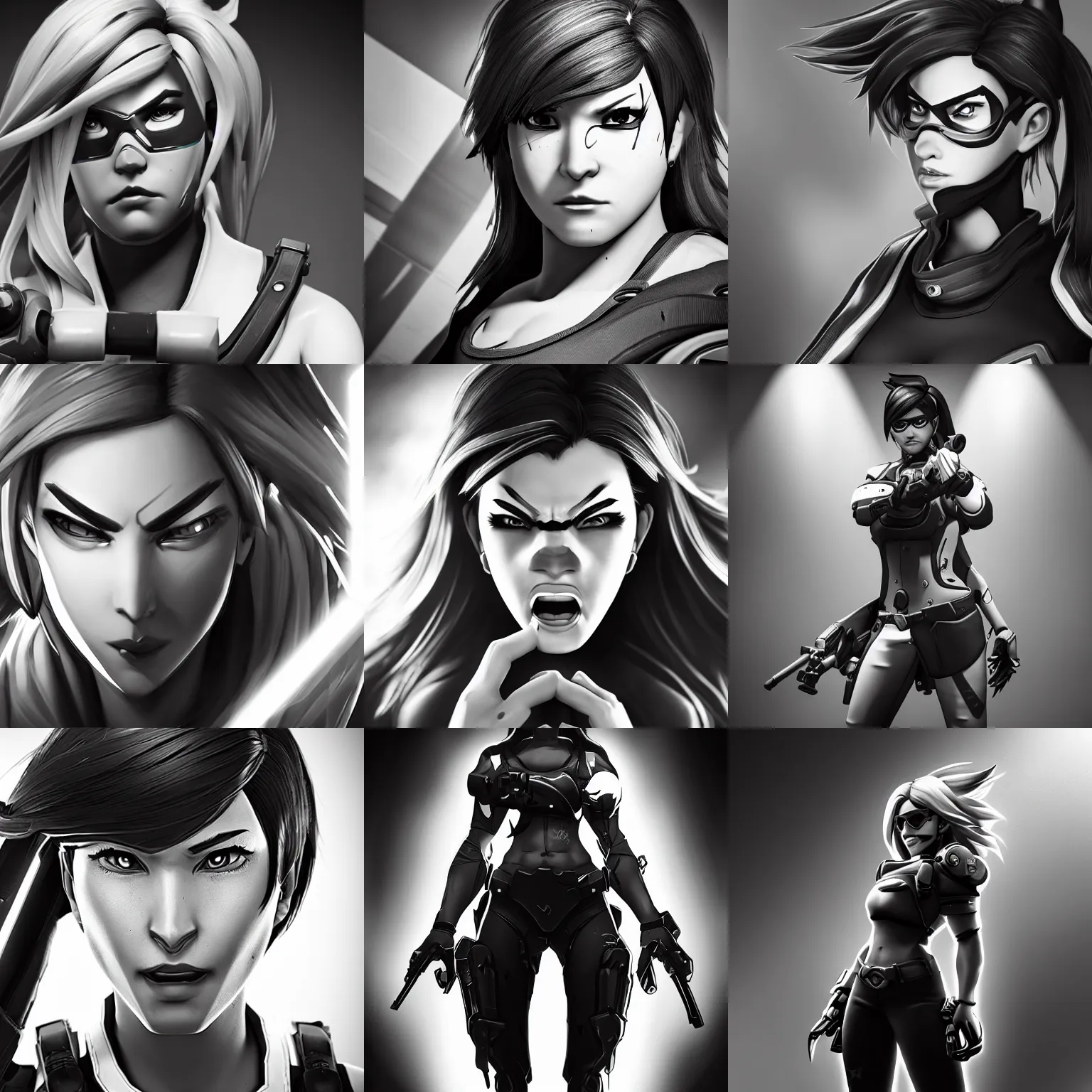 Prompt: angry female overwatch character, dramatic lighting hyper detail, black and white, wide angle lens