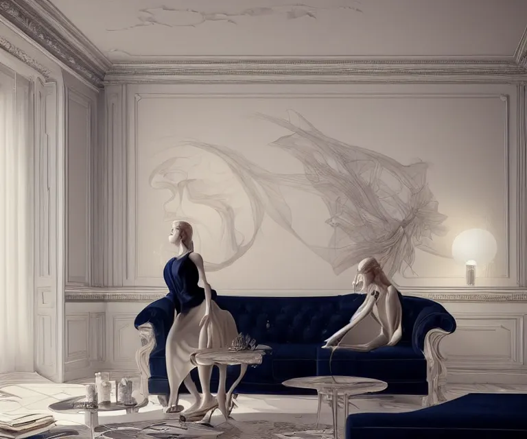 Image similar to 2 0 2 0 s living room by charlie bowater and anna dittmann and artgerm and clemens ascher, intricate, elegant, beige and white and navy blue, highly detailed, dramatic lighting, sharp focus, octane render, trending on artstation, artstationhd, artstationhq, unreal engine, 4 k, 8 k