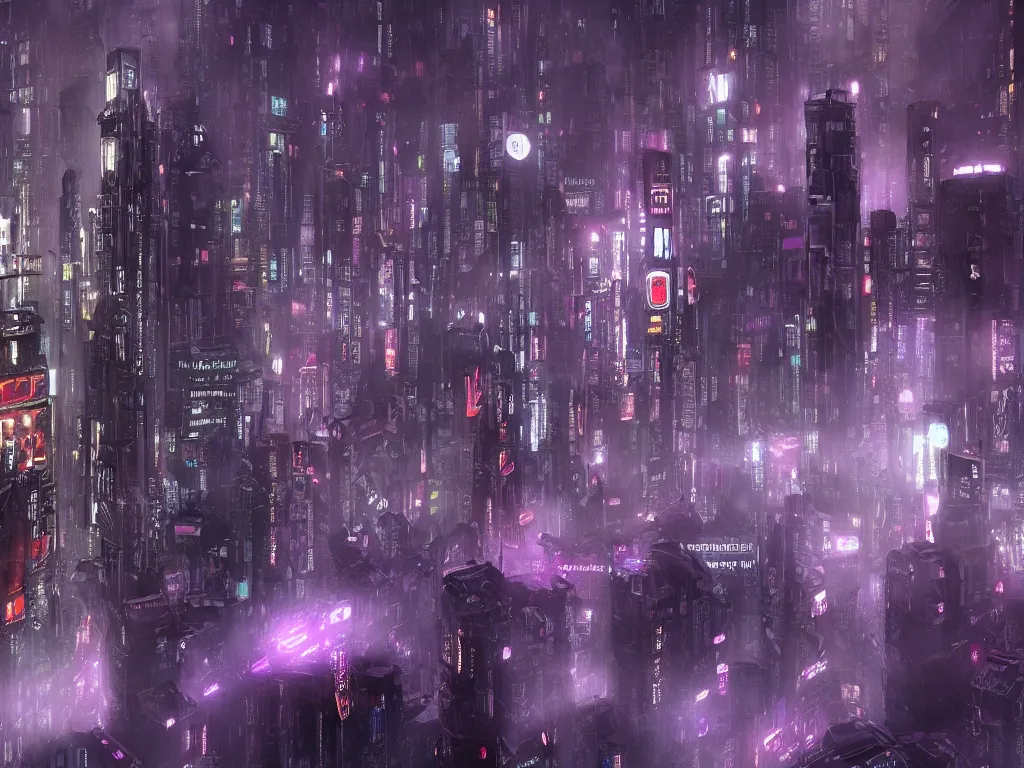 Image similar to blade runner city, high quality, cyberpunk, purple, russian doomer panel houses