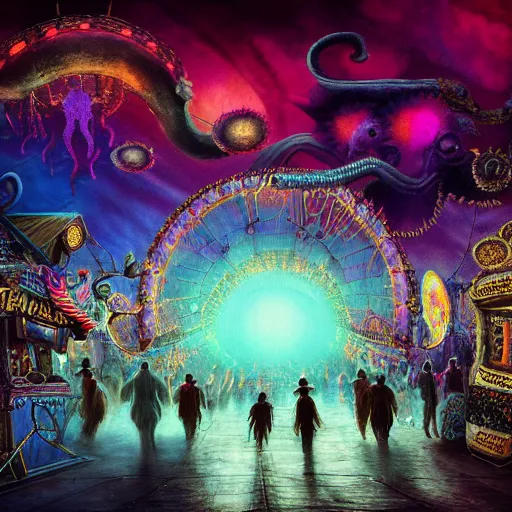 Image similar to ultra realist soft painting render of a curiosities carnival in loveraftian universe, horror, omnious sky, deep fog, tiny lurking tentacles, crowded silhouettes, symmetry accurate features, very intricate details, purple gold cyan color palette, masterpiece award winning,, volumetric light clouds