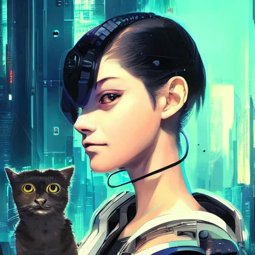 Image similar to A potrait of a cyberpunk cyborg girl with a cat in her shoulder, the girl has big and cute eyes, fine-face, realistic shaded perfect face, fine details. Very anime style. Realistic shaded lighting poster by Ilya Kuvshinov katsuhiro, magali villeneuve, artgerm, Jeremy Lipkin and Michael Garmash, Rob Rey and Kentarõ Miura style, trending on art station