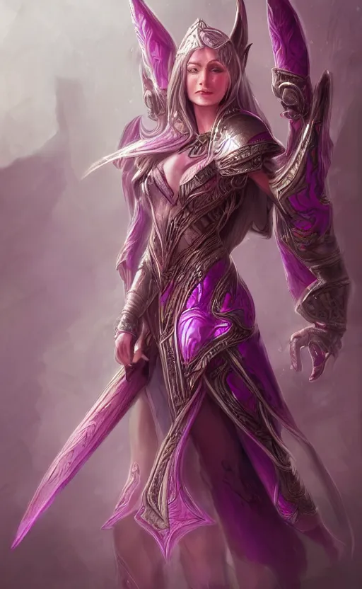 Image similar to a full body portrait of an elven woman with pink skin, and armor fit for a queen, wearing purple headphones, and smiling, dynamic lighting, photorealistic fantasy concept art, trending on art station, stunning visuals, creative, cinematic, ultra detailed