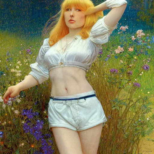 Prompt: A young woman with blonde long hair and bangs in shorts and white shirt drawn by Donato Giancola and Robert McGinnis and Julie Bell and Zeronis and alphonse mucha, background by James Jean and gustav klimt, 4k, sunny day, volumetric lighting, french nouveau, trending on artstation, octane render, hyperrealistic