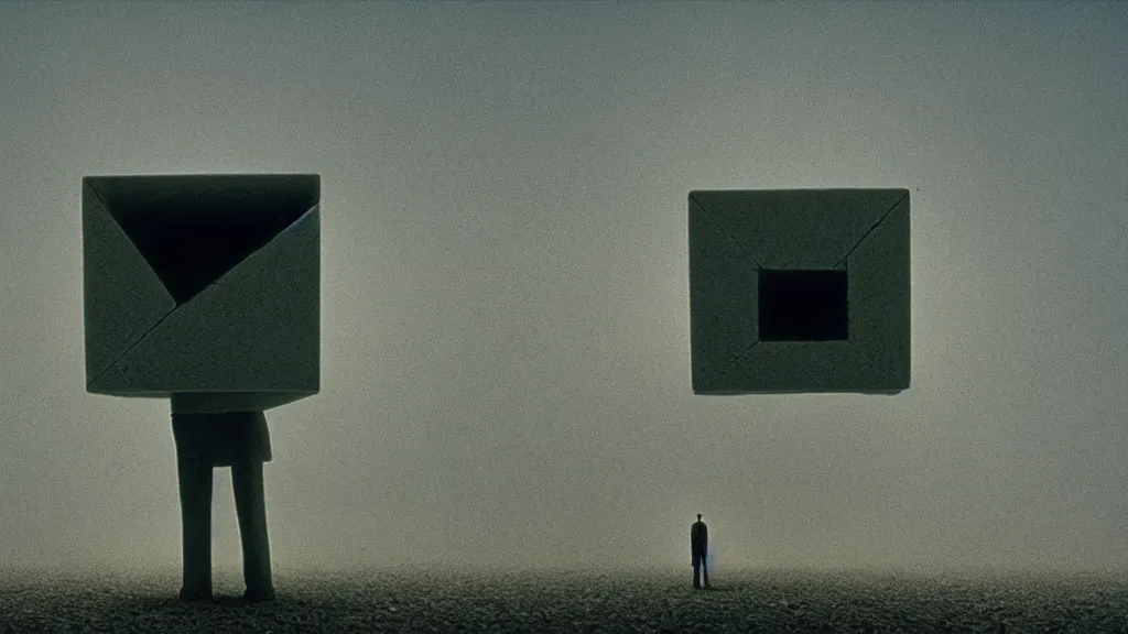 Image similar to cube man, film still from the movie directed by denis villeneuve and david cronenberg with art direction by salvador dali and zdzisław beksinski, wide lens