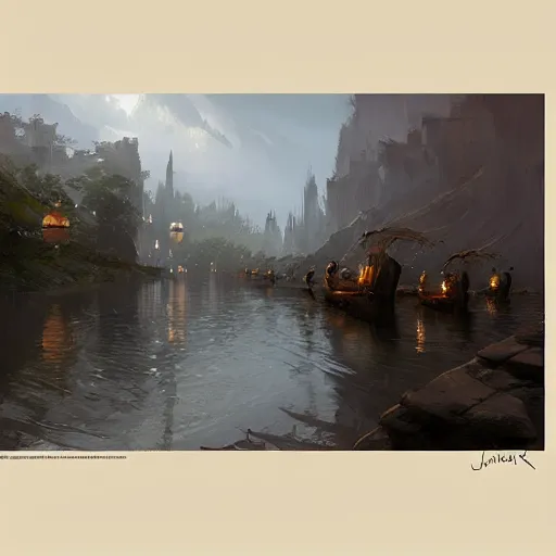 Image similar to concept art, river lanterns, by james gurney, greg rutkowski, john howe, artstation